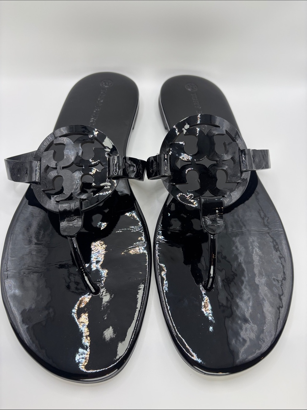Tory Burch Miller Black Patent Logo Thong Sandals